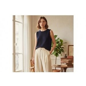 St. John Santana Knit Sleevless Sweater Tank Top Large Navy Wool Cropped USA